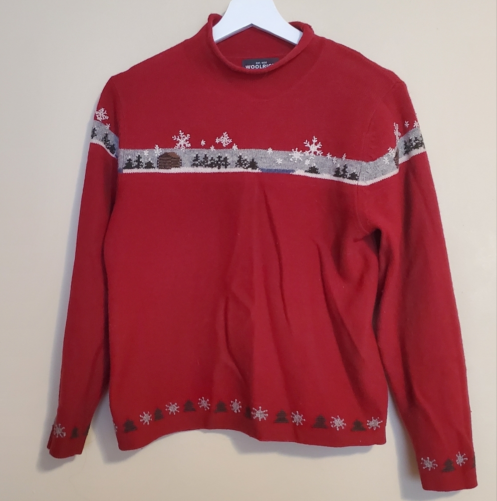 Woolrich 100% Lambs Wool Winter Theme Mock Neck Long Sleeve Sweater Sz S